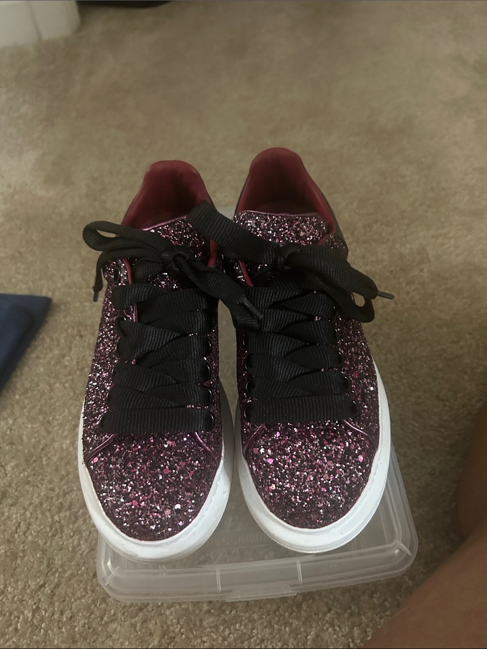 Alexander McQueen Glitter Burgundy Black Lace-Up Sneakers